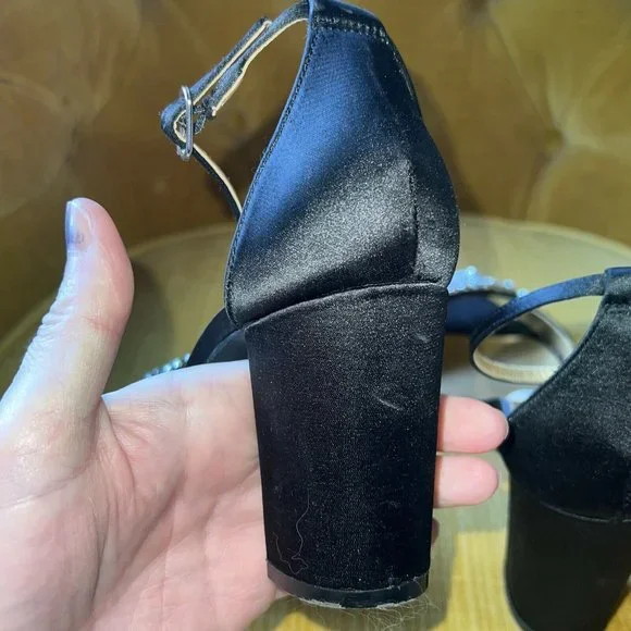 BADGLEY MISCHKA Mark and James Black Satin Block Heel JEWELED Ankle Strap 7 - Picture 5 of 10